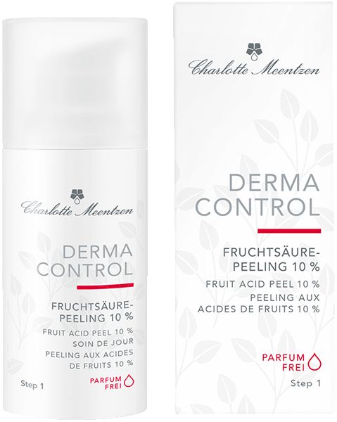 Charlotte Meentzen Derma Control Fruchtsäurepeeling 10% Flasche und Verpackung. Weiß, mit Produktinformationen.