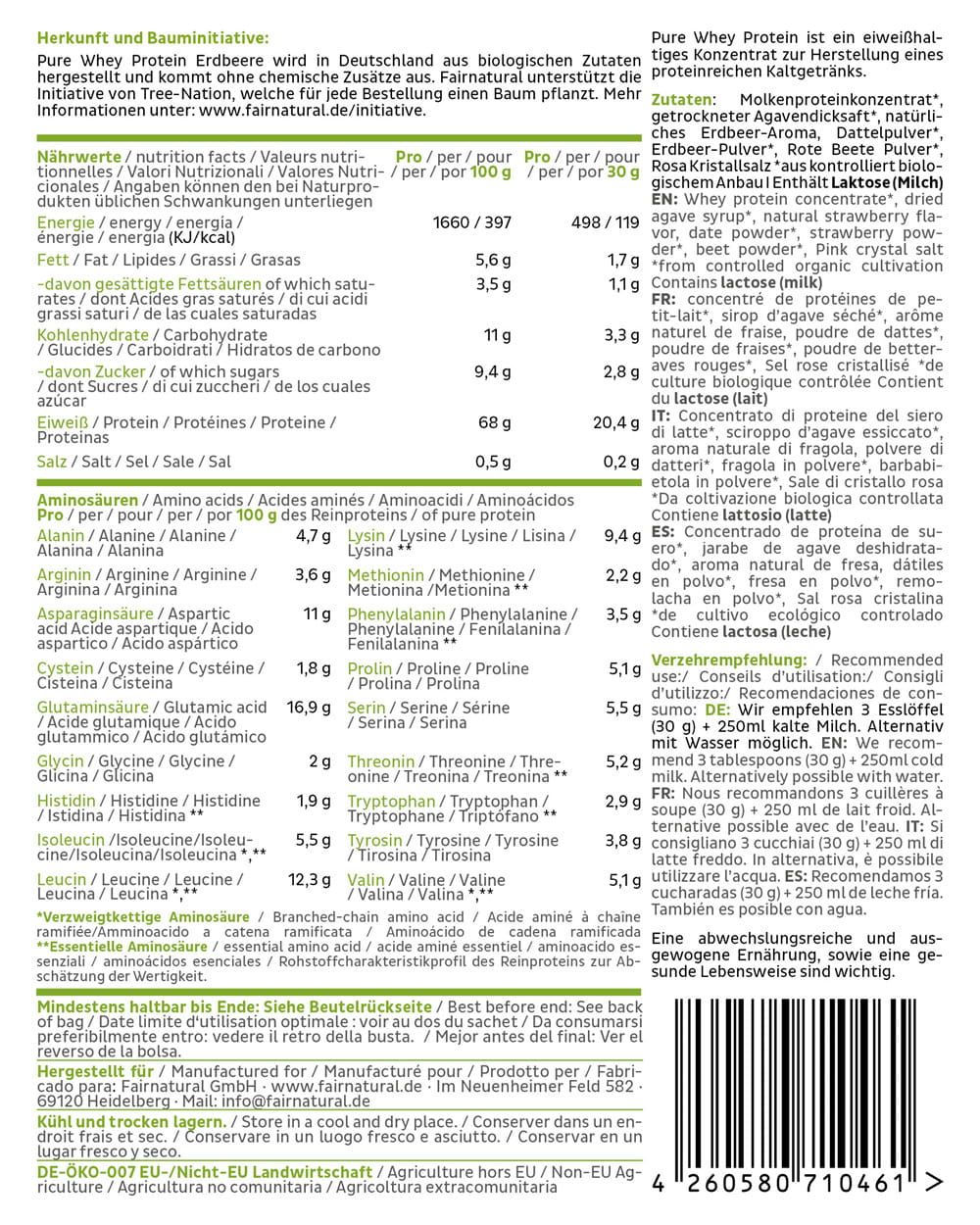 Rückseite FAIRNATURAL Bio Whey Protein Erdbeergeschmack: Nährwertangaben, Zutatenliste und Anwendungshinweise in mehreren Sprachen.