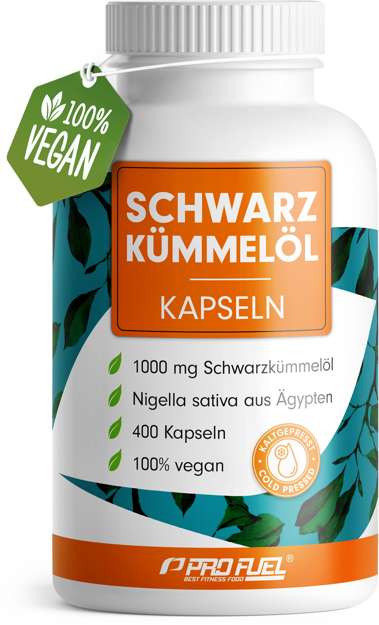 Weiße Flasche mit Kapseln. Aufschrift: Schwarzkümmelöl Kapseln, 1000mg, 400 Kapseln, 100% vegan. Grünes Etikett: 100% vegan.