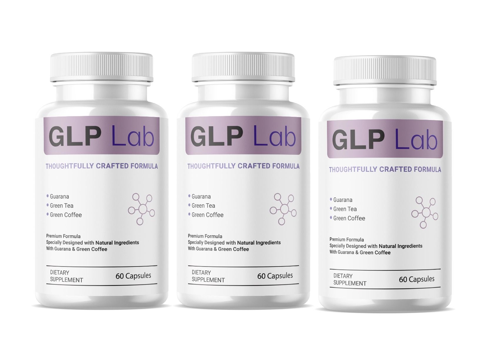 Drei weiße Flaschen mit lila Etiketten. Aufschrift: GLP Lab, 60 Kapseln. Enthält Guarana, Grüner Tee, Grüner Kaffee.