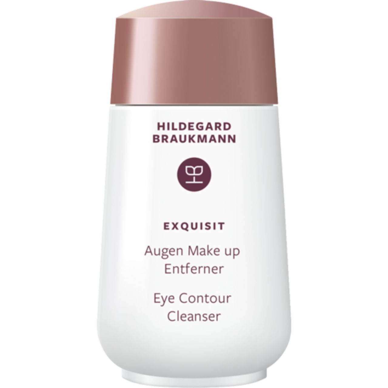 Weißer Flakon mit kupferfarbenem Deckel. Beschriftung: Hildegard Braukmann, Exquisit, Augen Make up Entferner, Eye Contour Cleanser.