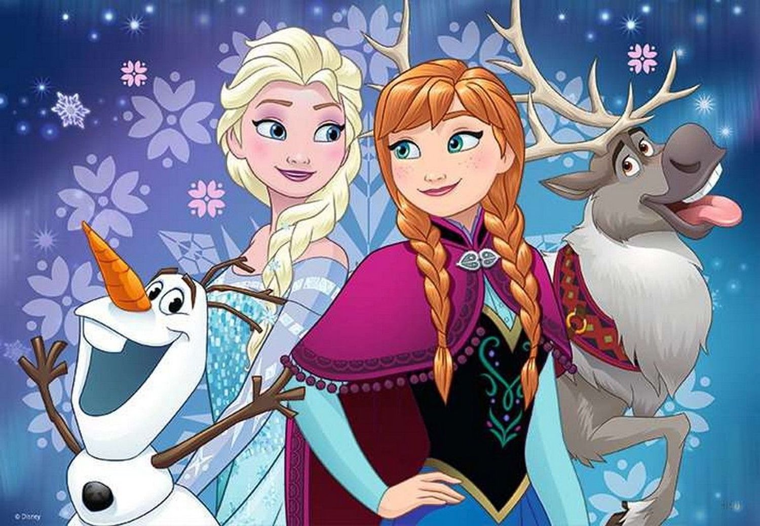 Puzzle mit Elsa, Anna, Olaf und Sven. Hintergrund mit Schneeflocken. Figuren aus dem Film Frozen.
