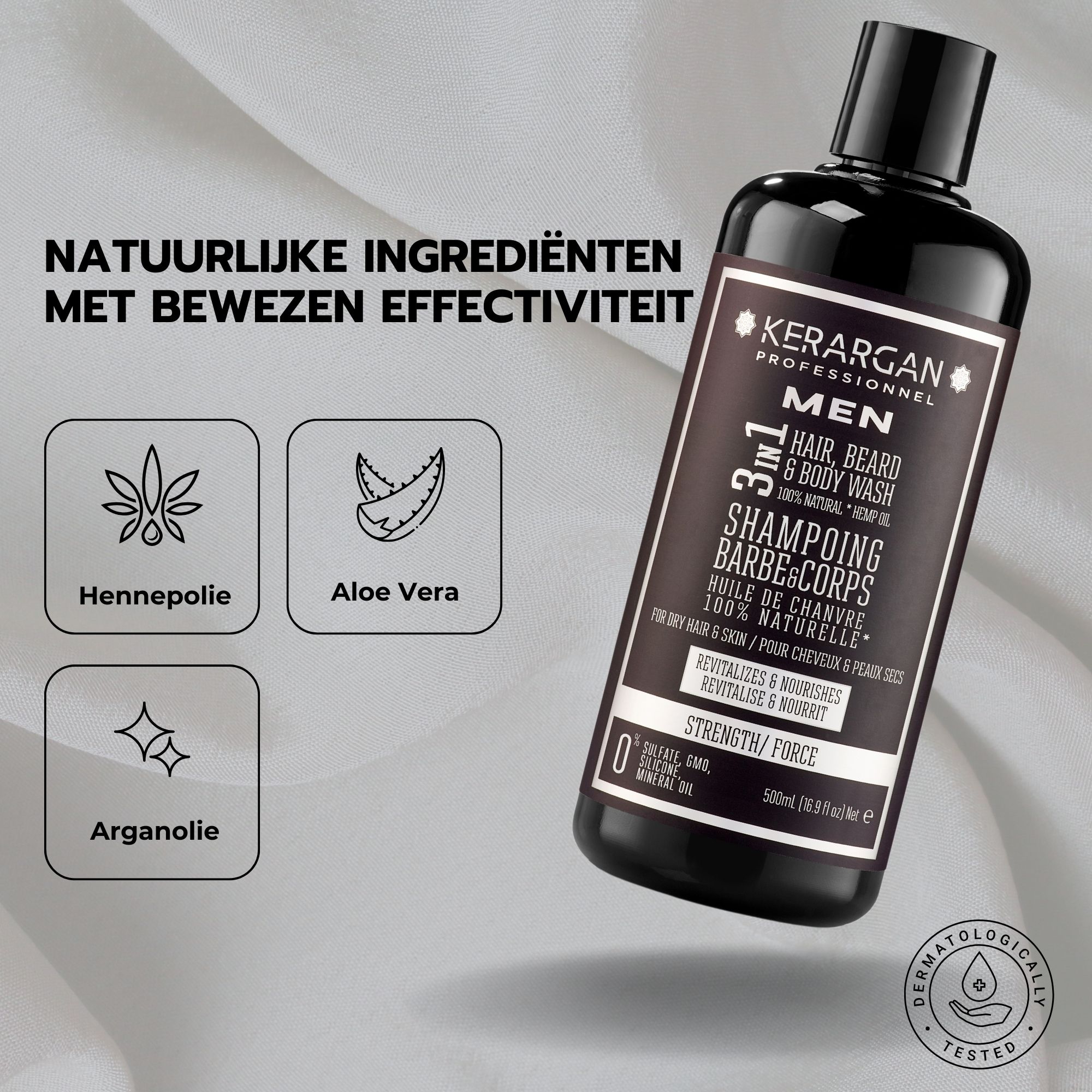 Tekst: Hennepolie, Aloë Vera, Arganolie. Zwarte shampoo fles. Tekst: Kerargan, Men, 3in1 Hair, Beard & Body Wash.