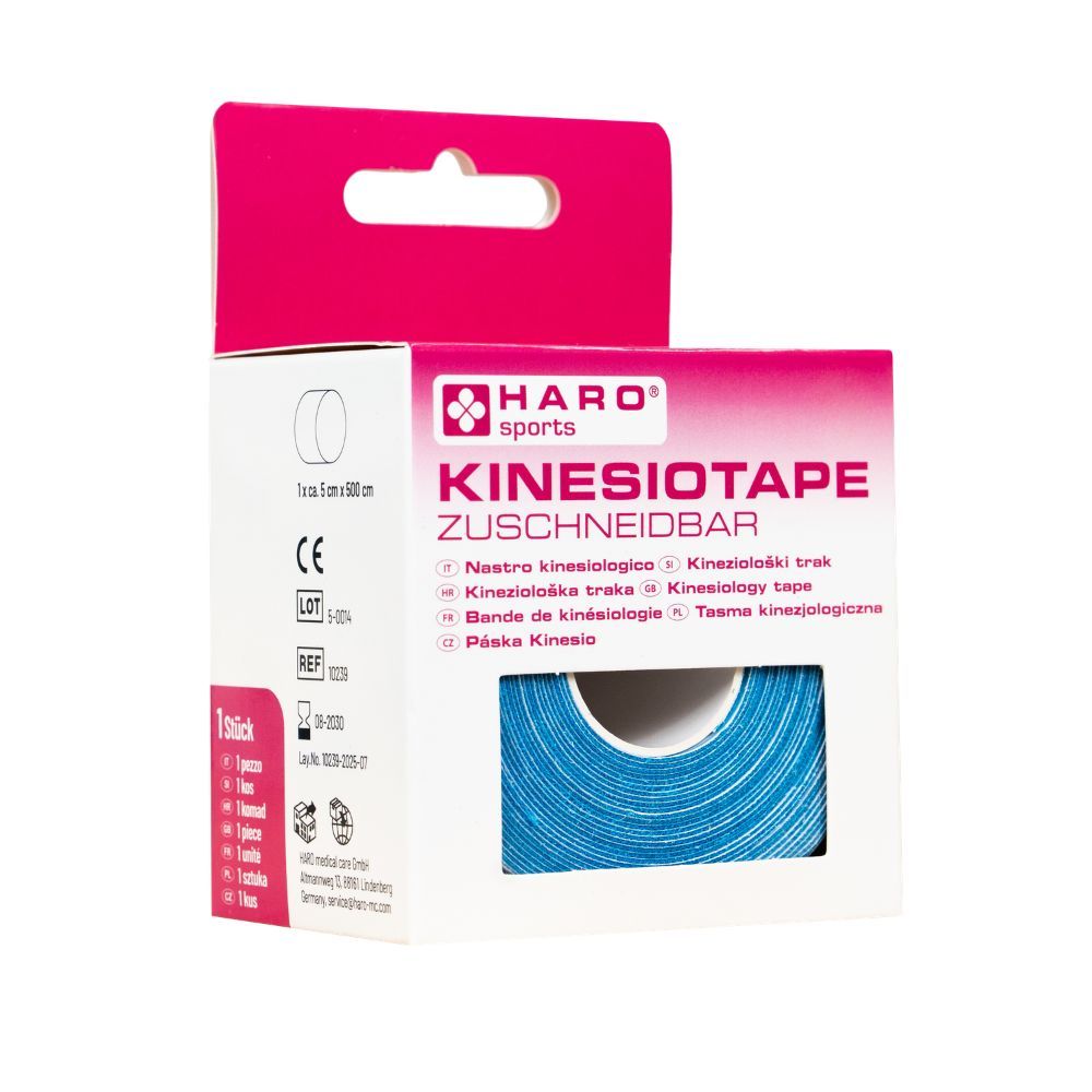 Blaues Kinesiotape auf Rolle in Verpackung. Marke HARO SPORTS. Aufschrift: KINESIOTAPE ZUSCHNIDBAR. Verpackung mit Informationen.