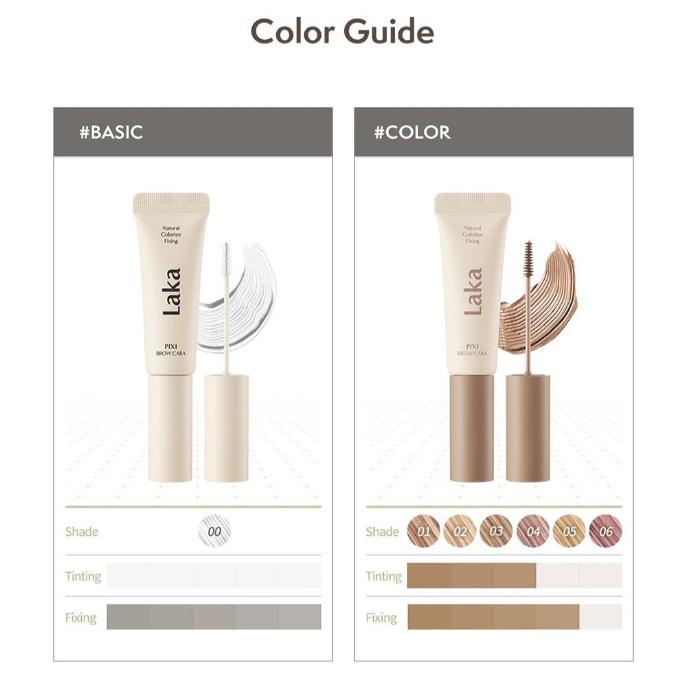 Laka Mascara: Farbpalette mit zwei Varianten, #BASIC und #COLOR, jeweils mit Applikator und Farbproben.