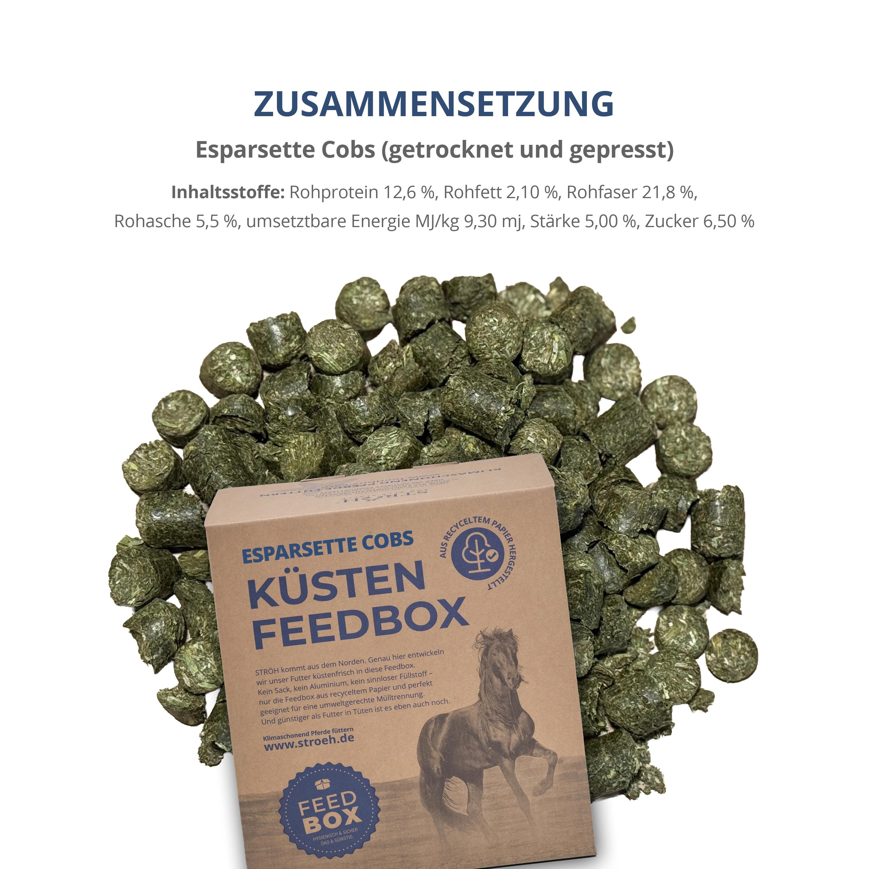 Braune Feedbox mit Esparsette Cobs. Grünliche, gepresste Cobs liegen neben der Box. Text: Esparsette Cobs Küsten Feedbox.
