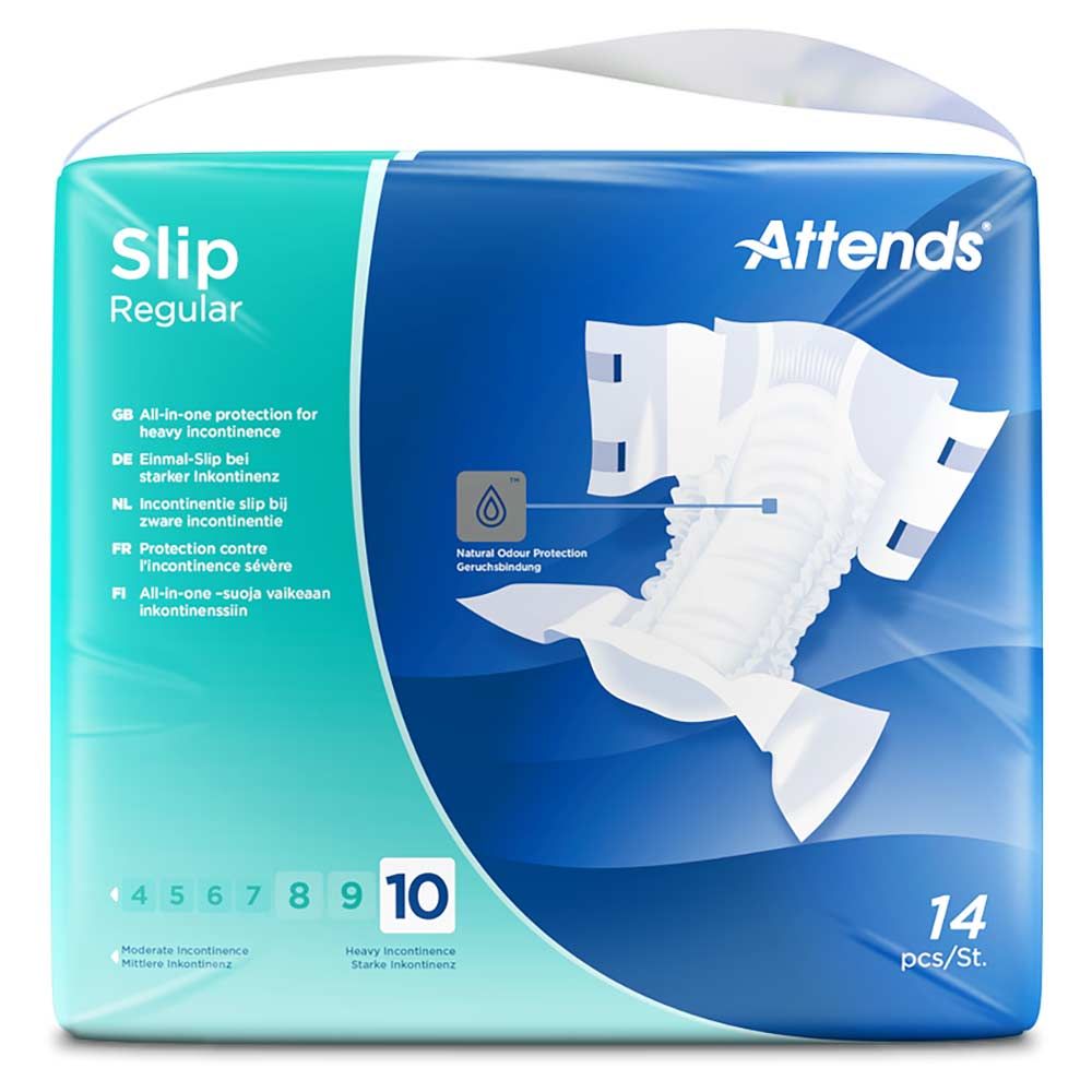 Verpackung Attends Slip Regular. Blaue Verpackung mit Produktabbildung. Enthält 14 Stück. Größen 4-10. Mit Text: All-in-one protection for heavy incontinence.