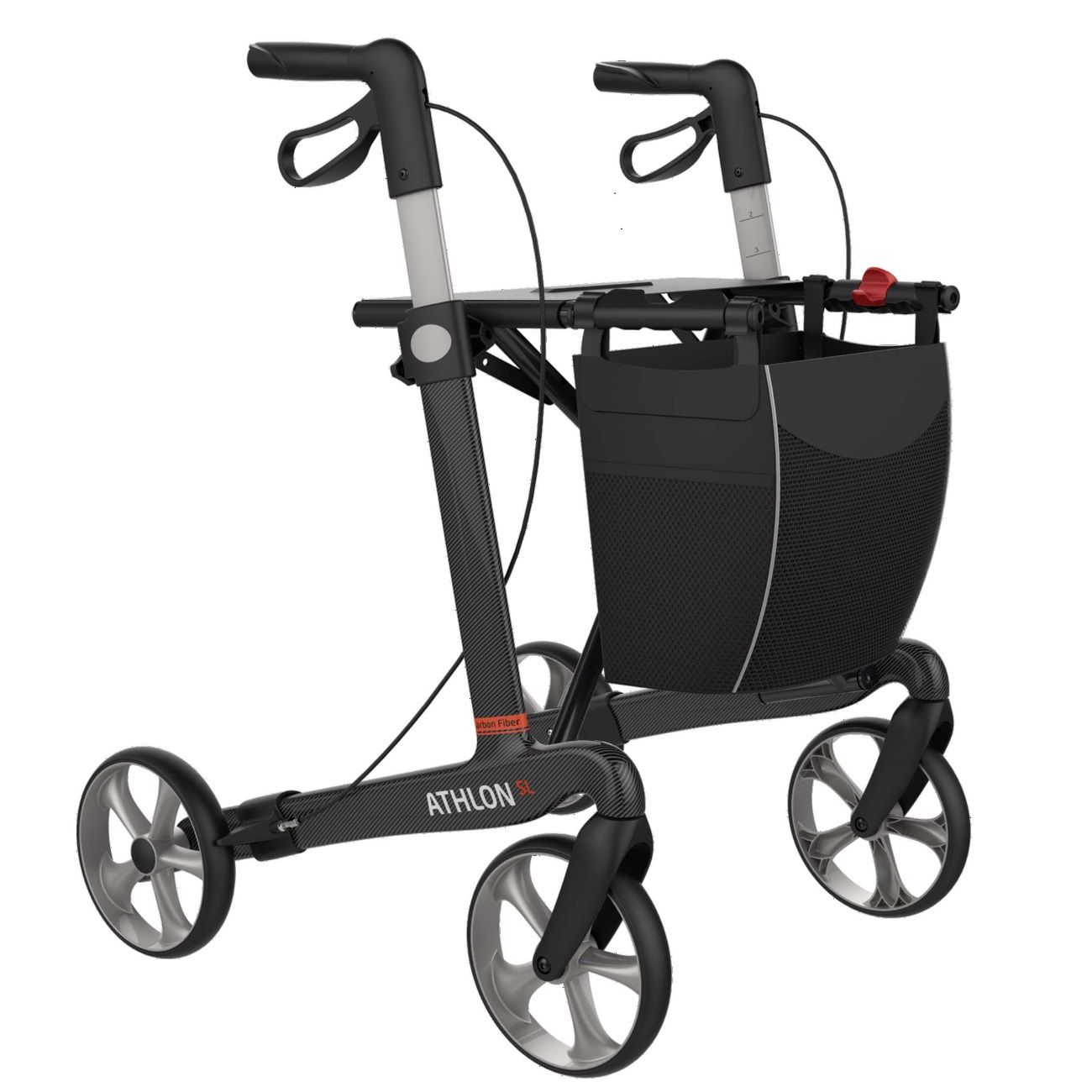 Rollator Athlon SL, schwarz mit grauen Rädern und schwarzem Korb. Vier Räder, Bremshebel und Handgriffe sind sichtbar.