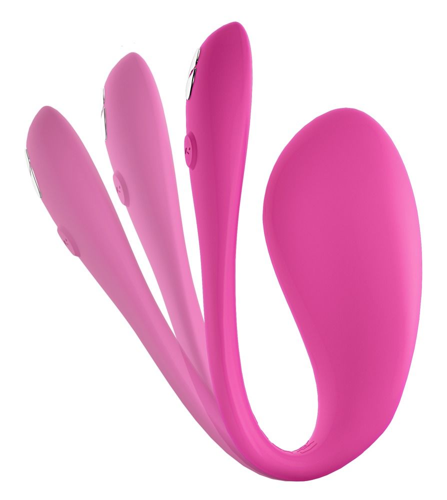 Rosa Vibrator in U-Form. Drei Vibratoren in verschiedenen Winkeln. Knöpfe auf der Oberfläche.