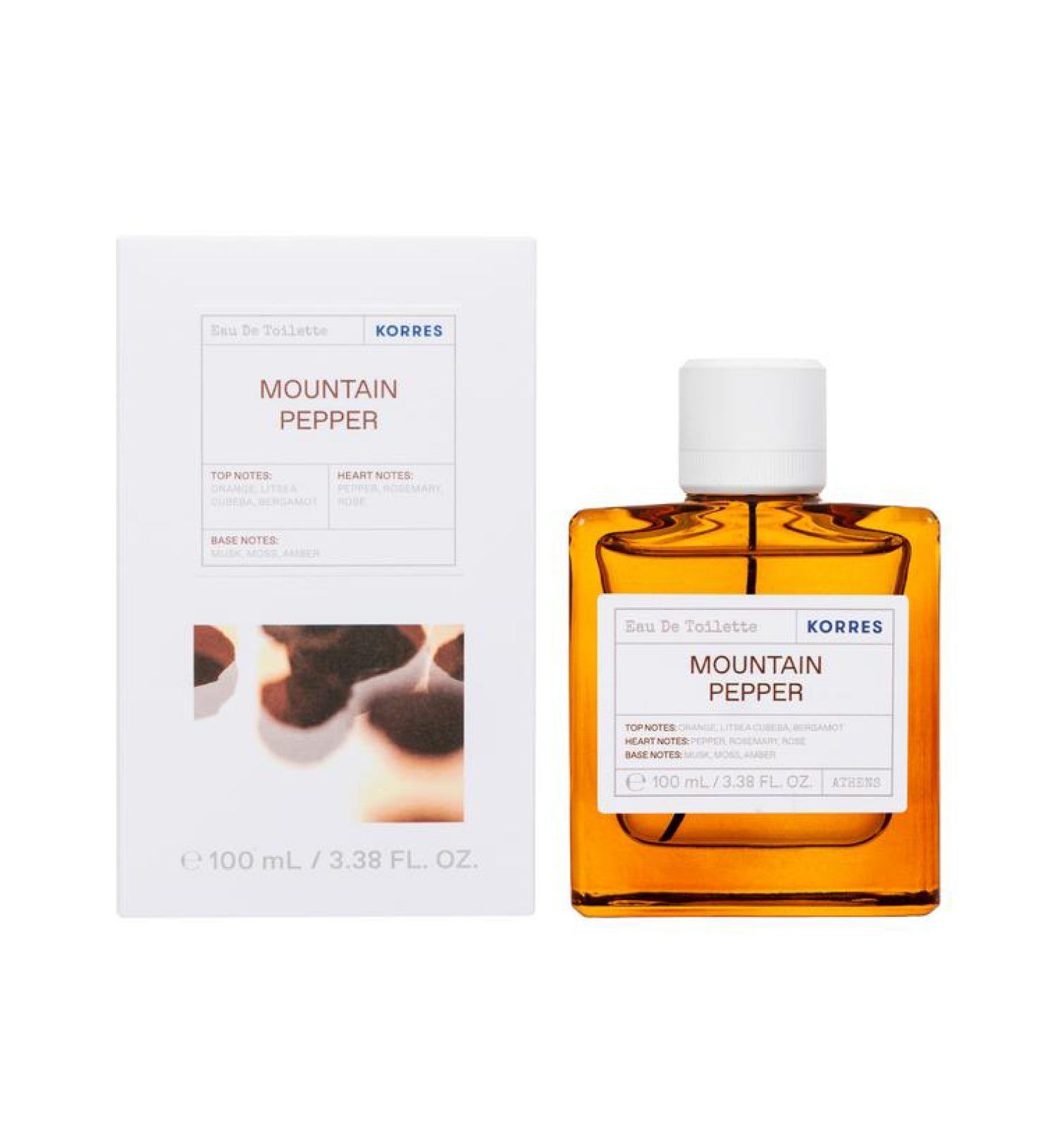 KORRES Eau de Toilette für Ihn Mountain Pepper. Rechteckige Flasche mit weißem Verschluss. Weiße Verpackung mit Produktinformationen.