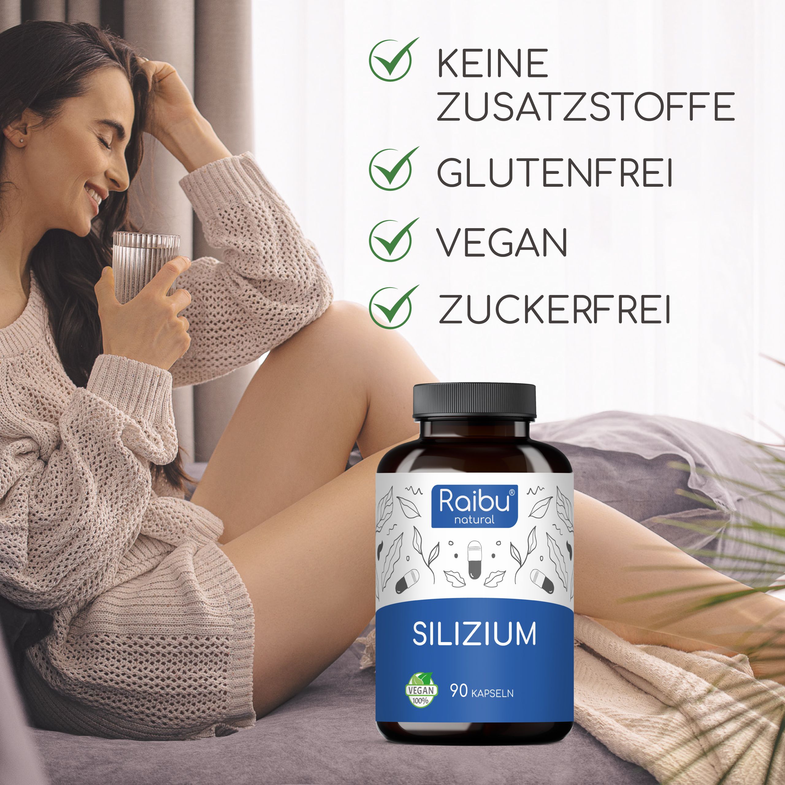 Frau sitzt mit Flasche Silicio. Text: Ohne Zusatzstoffe, Glutenfrei, Vegan, Zuckerfrei.