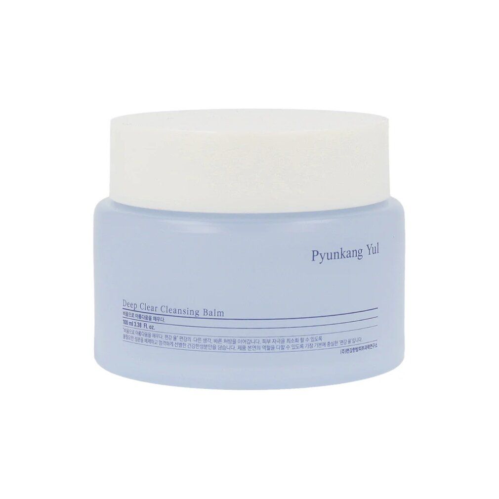 Pyunkang Yul Deep Clear Cleansing Balm in blauem Tiegel mit weißem Deckel. Beschriftung auf Koreanisch und Englisch.