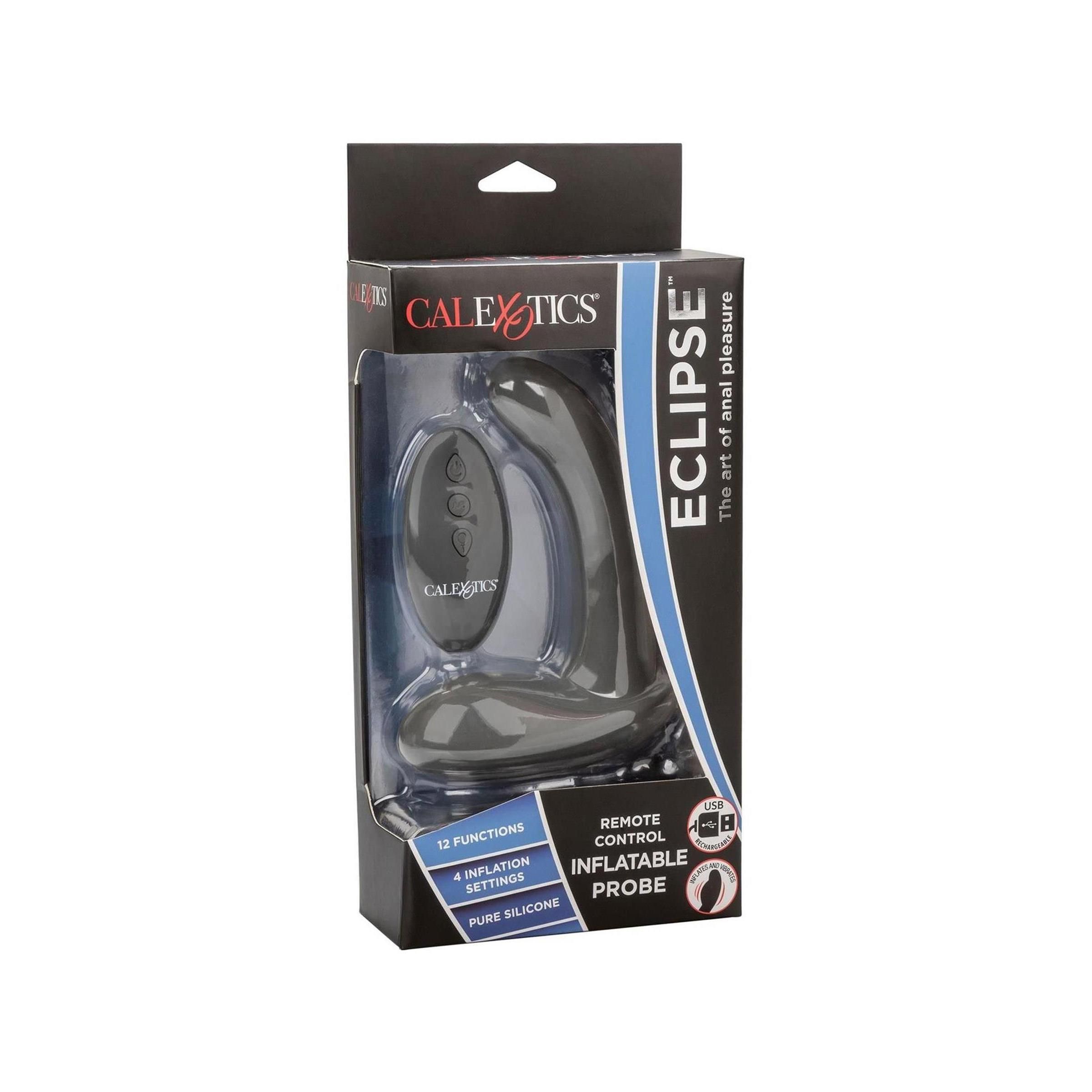 Schwarzes Produkt in Verpackung. Marke CalExotics, Modell Eclipse. Fernbedienung, aufblasbare Sonde. 12 Funktionen, 4 Aufblas-Einstellungen.