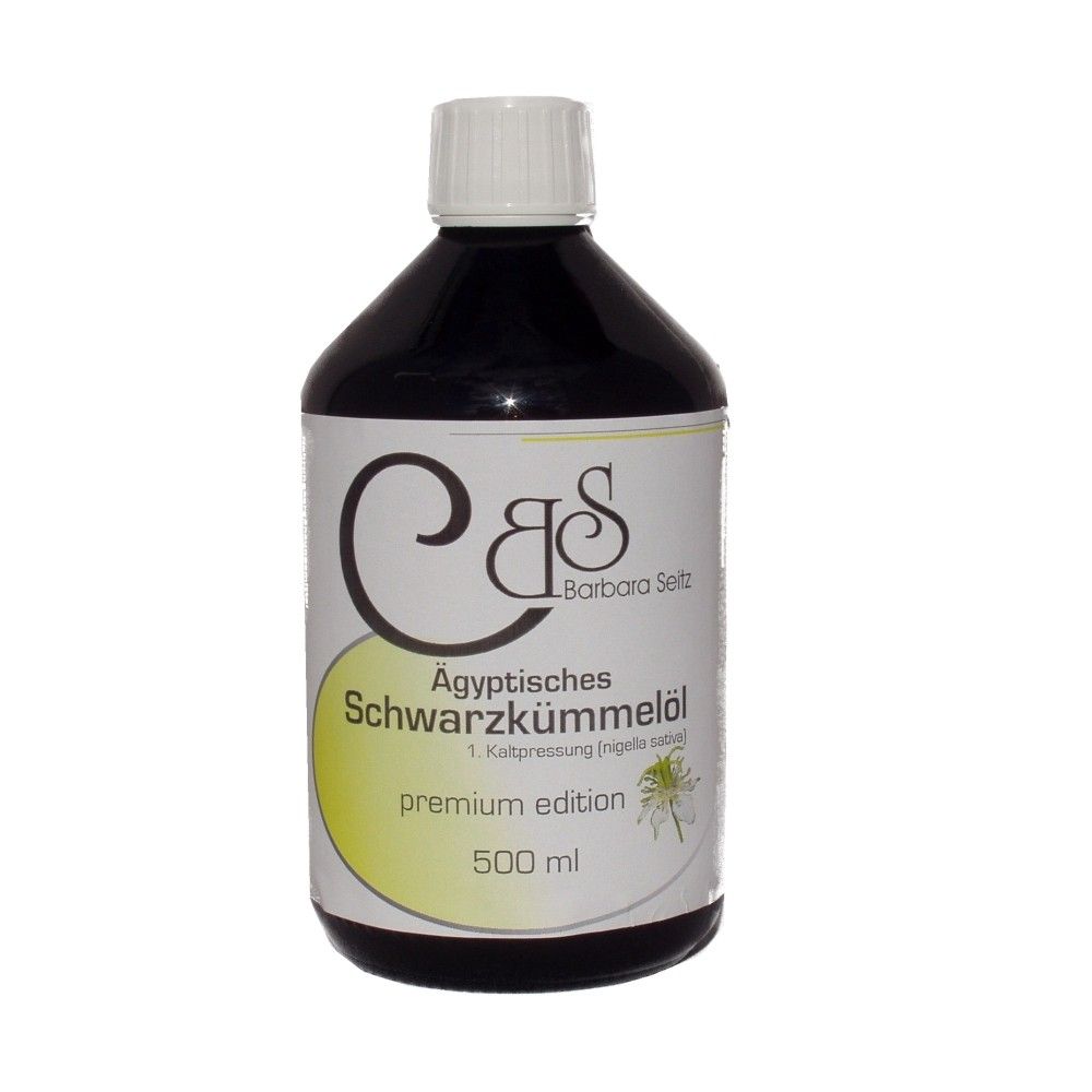 Braune Flasche mit weißem Deckel. Etikett mit Schriftzug: Ägyptisches Schwarzkümmelöl, premium edition, 500 ml. Logo: C B S Barbara Seitz.