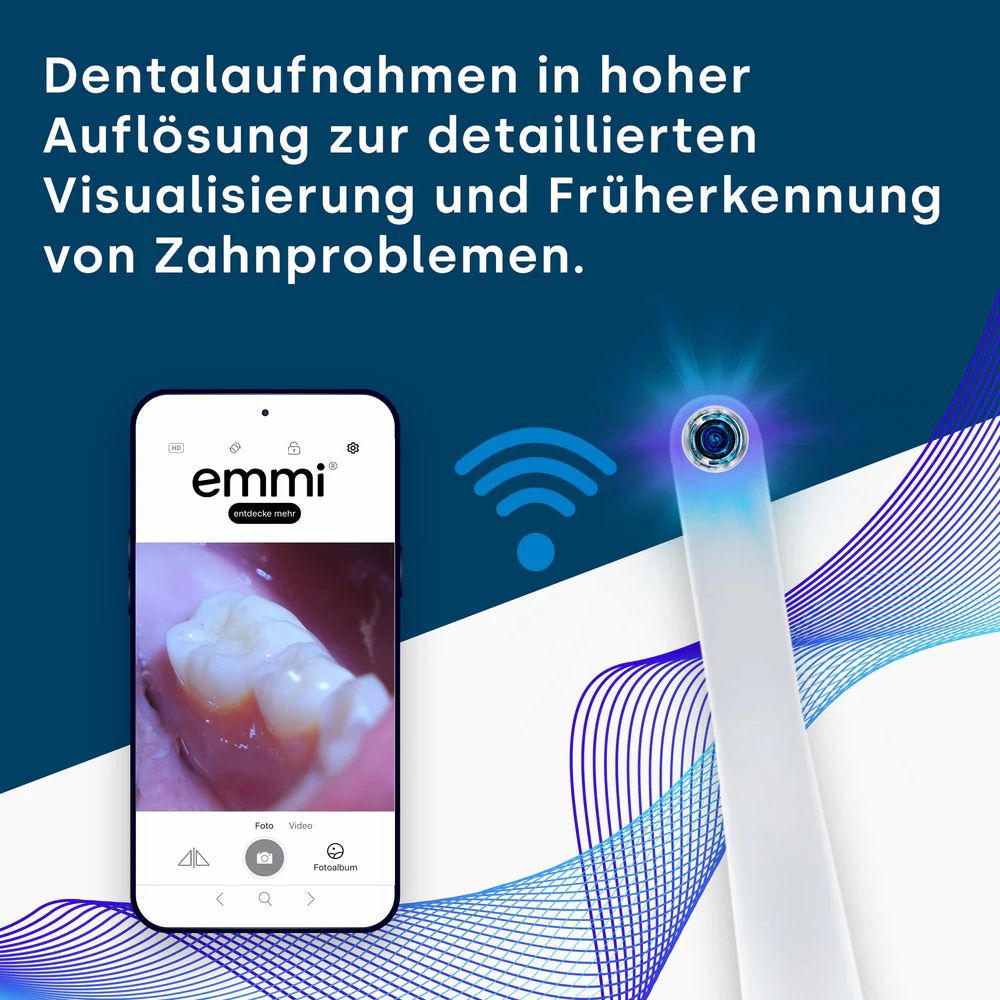 Smartphone mit Zahnaufnahme, Ultraschallzahnbürste mit Licht. Drahtloses Symbol. Blauer Hintergrund.