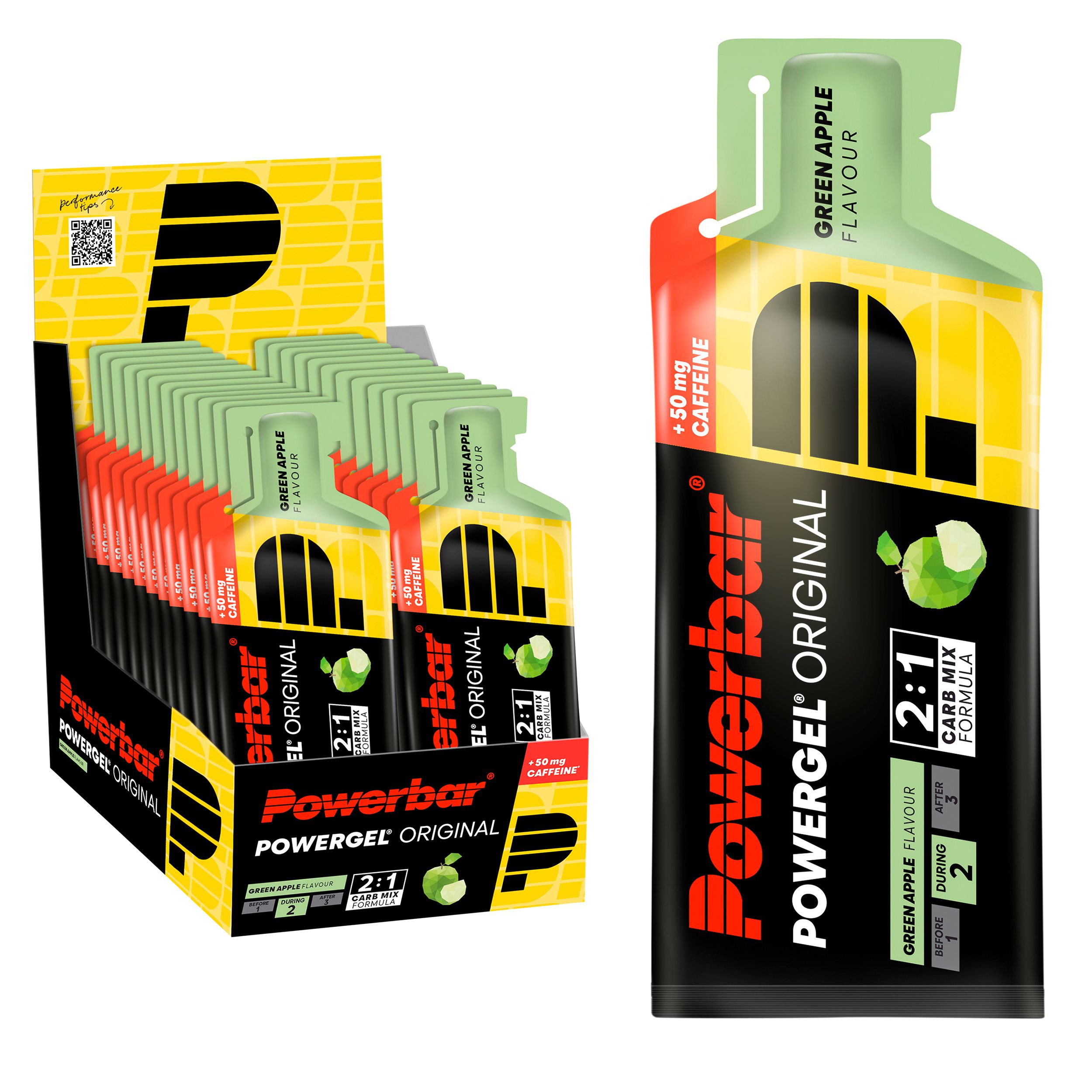 PowerBar PowerGel Original Green Apple. Einzelpackung und Display-Box mit mehreren Gel-Packs. 2:1 Carb Mix Formula.