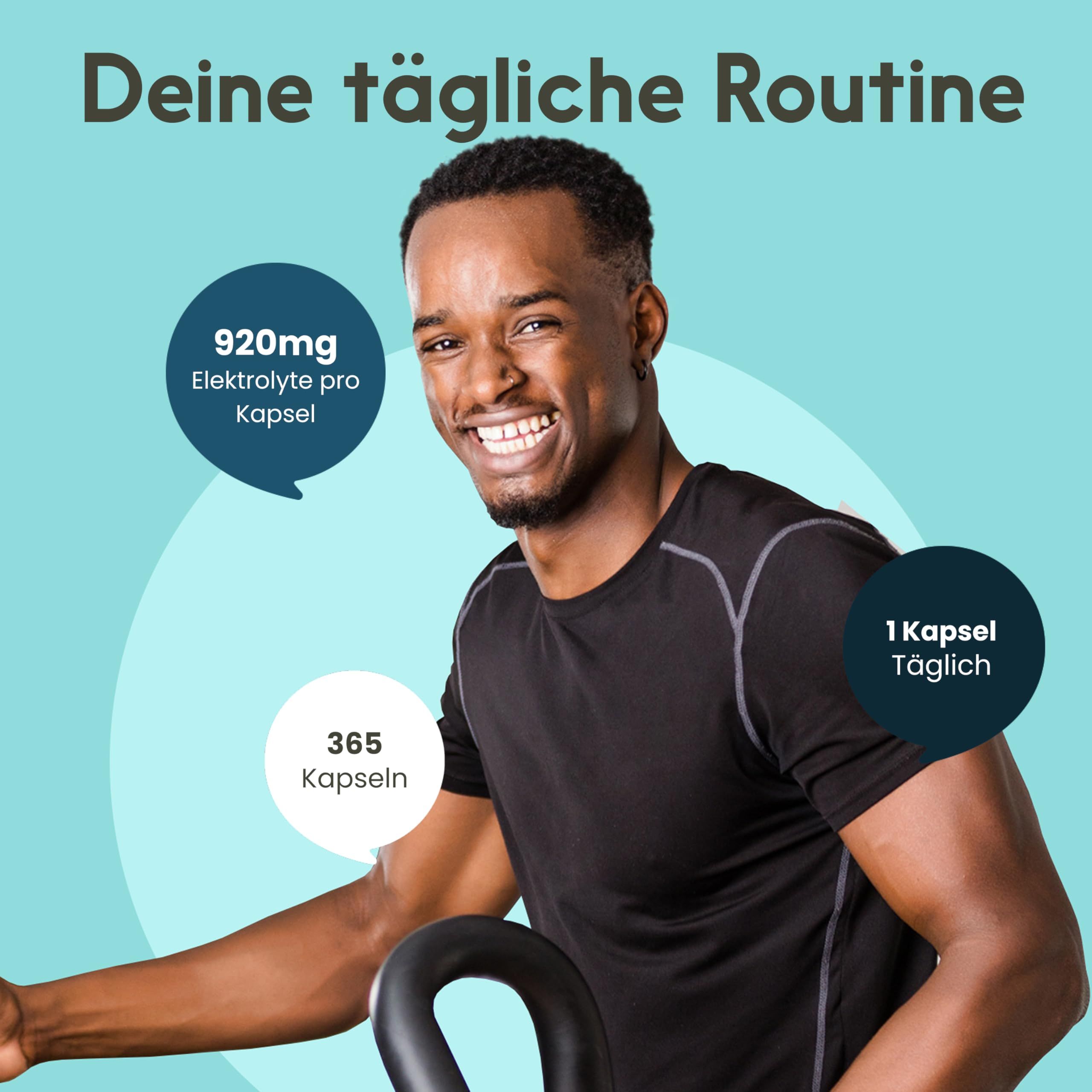 Mann lächelt. Text: Deine tägliche Routine. Sprechblasen: 920mg Elektrolyte pro Kapsel, 365 Kapseln, 1 Kapsel täglich.