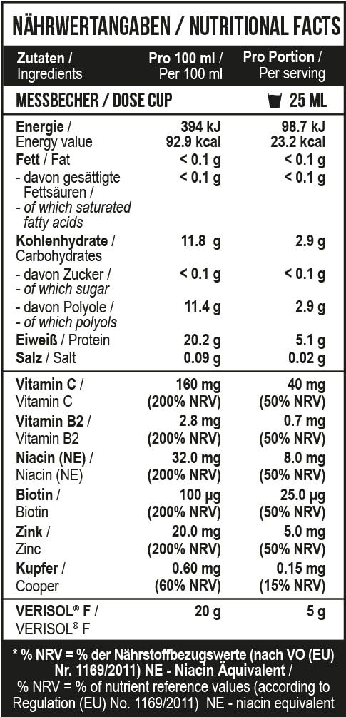 Nährwerttabelle für MST Fish Collagen Peptides Verisol® mit Vitaminen und Mineralstoffen.