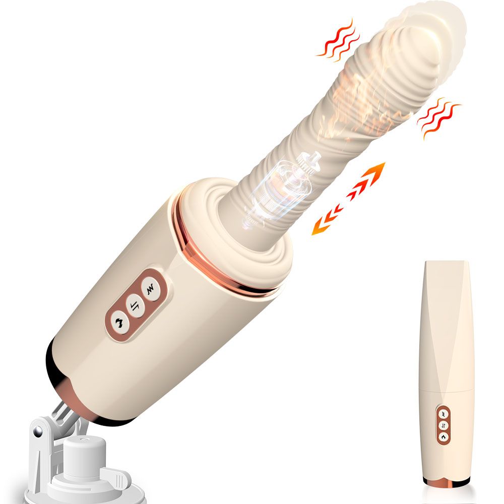 Beige Vibrator mit weißem, geriffeltem Aufsatz, Bedienfeld und Saugfuß. Pfeile zeigen Bewegung an.
