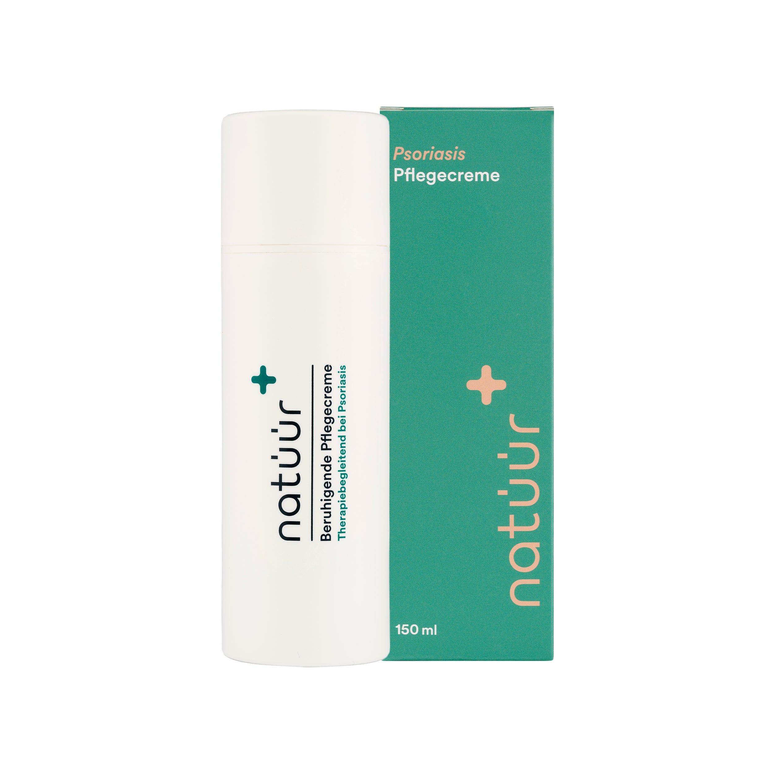 Weiße Tube und grüne Schachtel. Text: natüür, beruhigende Pflegecreme, 150 ml. Schachtel: Psoriasis Pflegecreme.