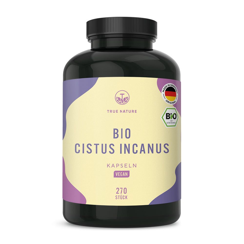 TRUE NATURE® Bio Cistus Incanus Kapseln: Schwarze Dose mit hellem Etikett, zeigt "Bio Cistus Incanus Kapseln", "Vegan", "270 Stück".