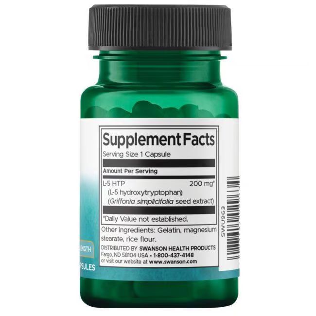 Rückseite der grünen Flasche. Etikett mit Nährwertangaben. Enthält L-5 HTP (200mg) und weitere Inhaltsstoffe.