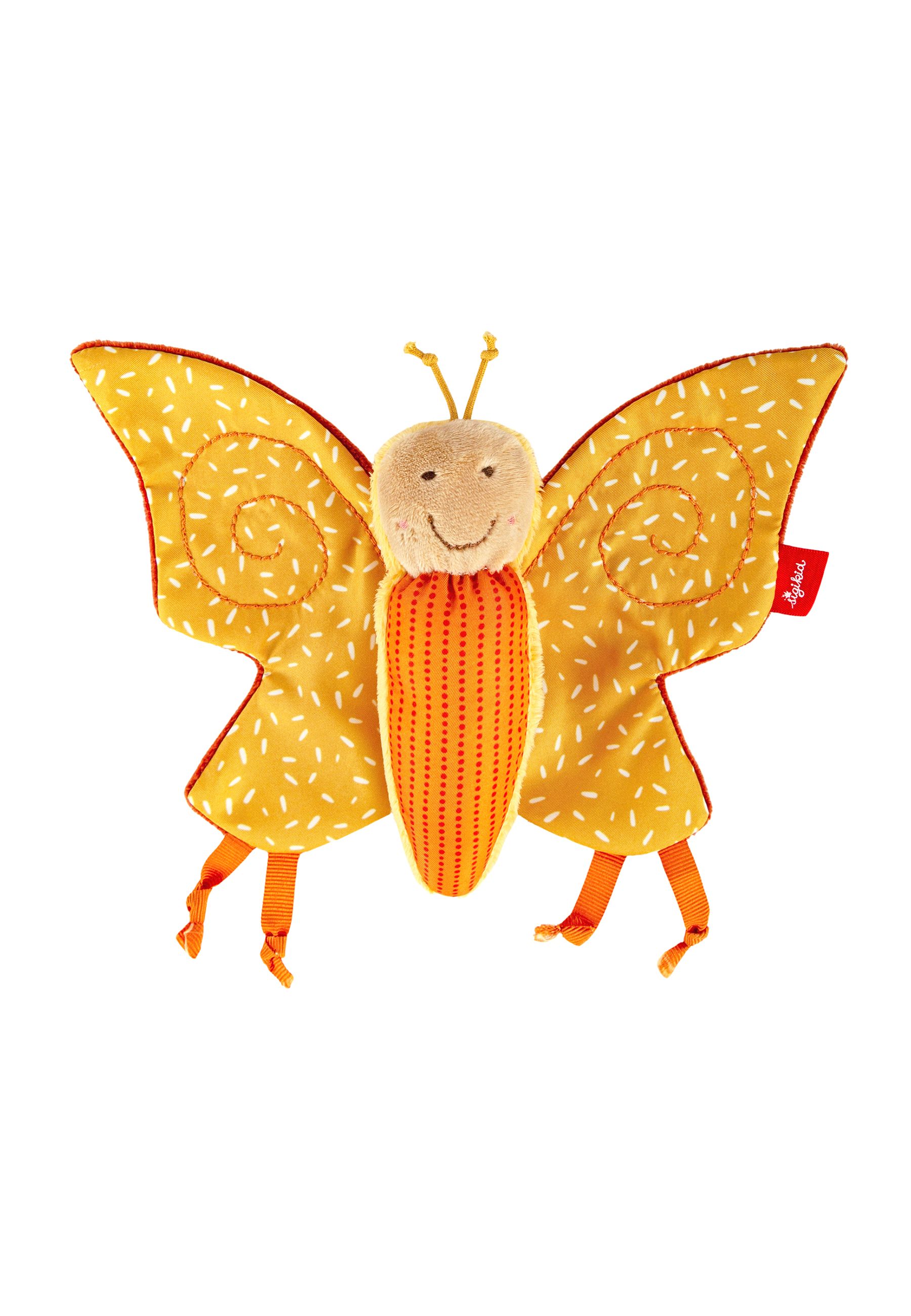Gelber Schmetterling mit orangefarbenen Flügeln und Körper. Weiße Punkte auf den Flügeln, rotes Etikett mit Logo.