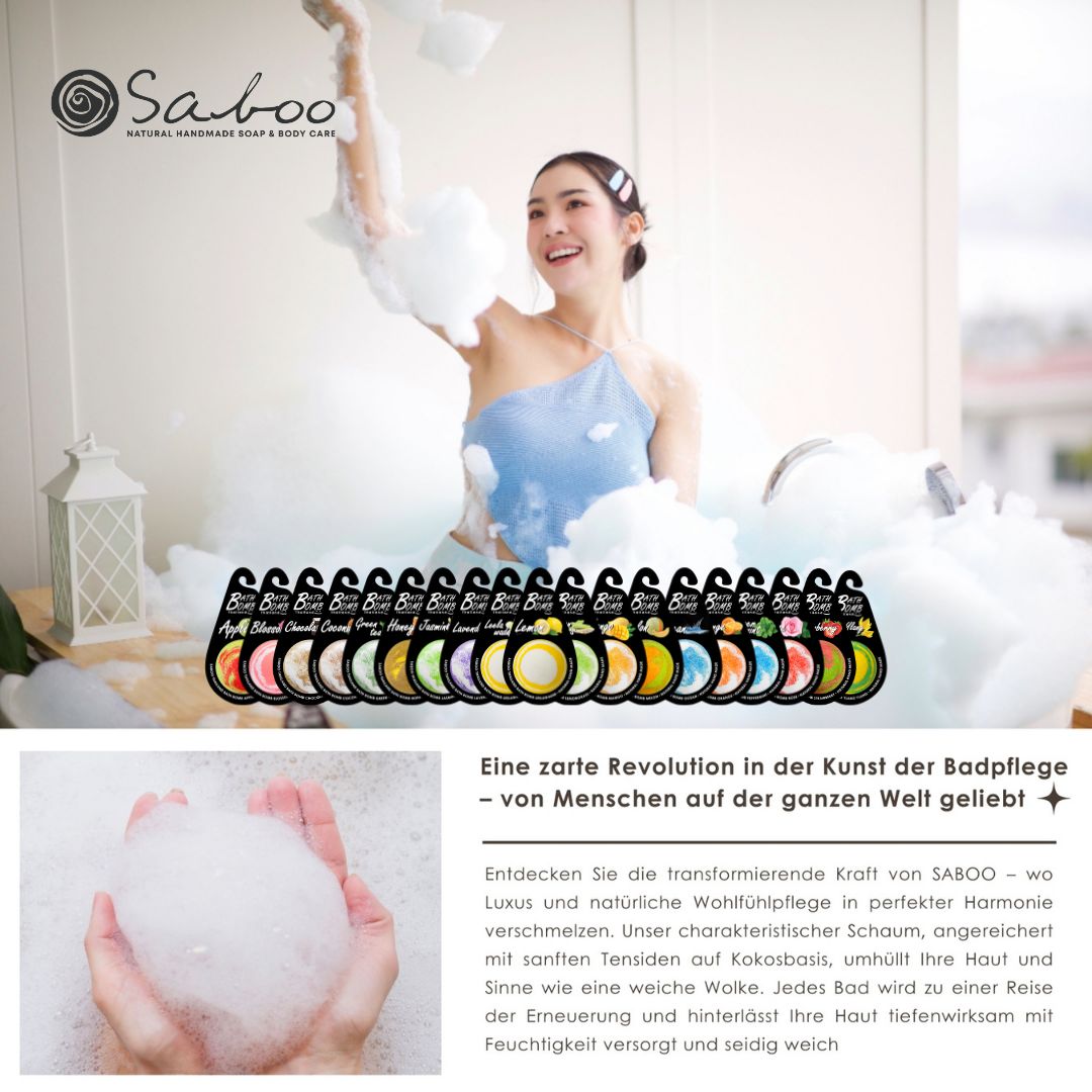 Frau in Badewanne mit Schaum. Badebomben-Anhänger. Text über Pflege und Wohlgefühl. 12 Badebomben.