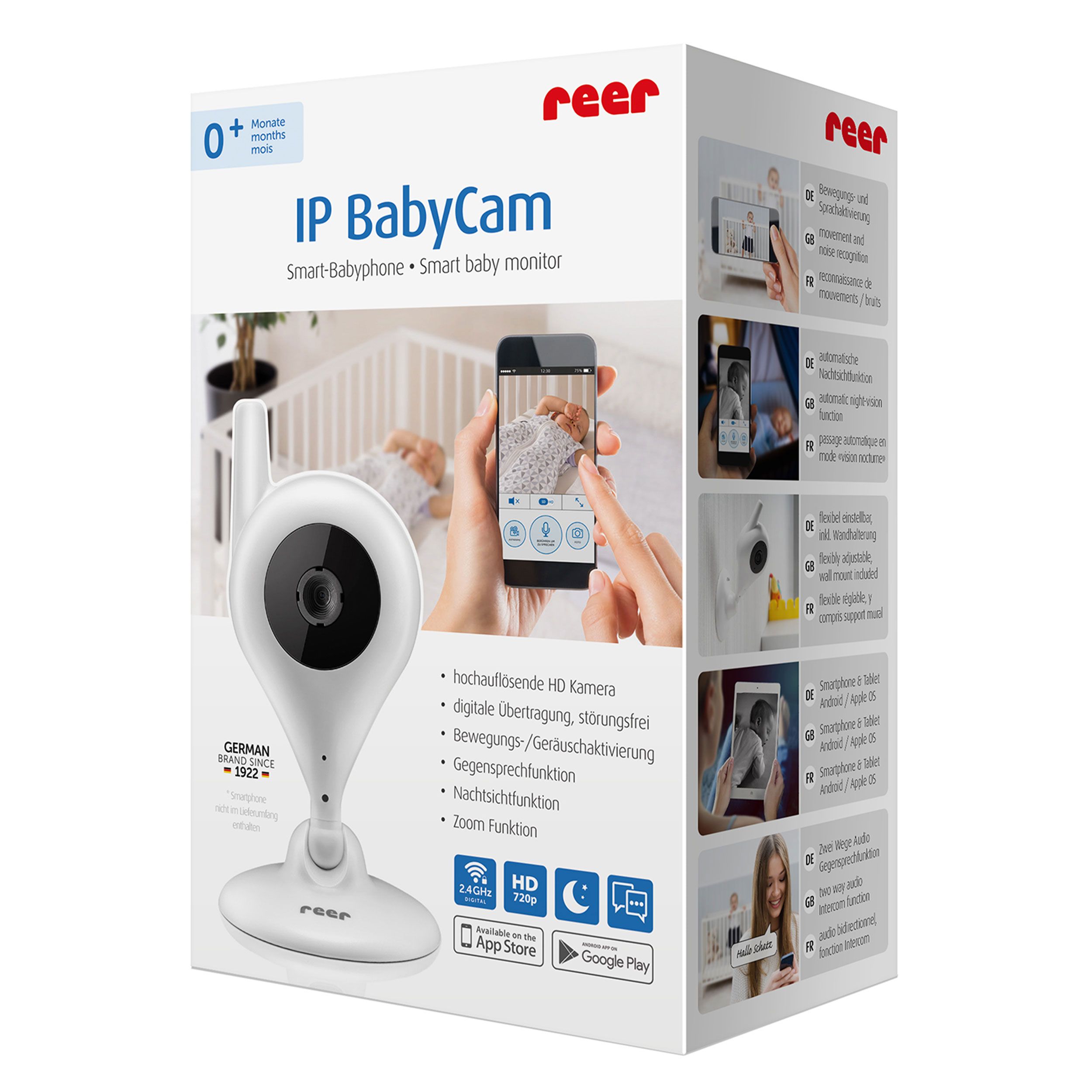 Verpackung der BabyCam. Produktname und Funktionen sind auf der Verpackung abgebildet.
