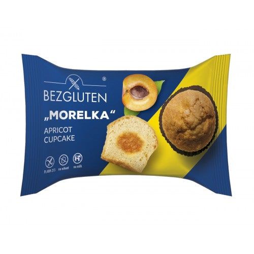 Verpackung mit Cupcake. Blaue und gelbe Verpackung mit Produktbildern und Text: Bezgluten, Morelka, Apricot Cupcake.