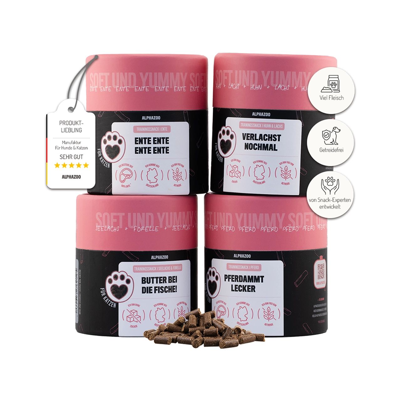 Vier Dosen Alphazoo Probierset Leckerli Katze. Rosa Deckel, schwarzer Korpus. Aufkleber mit Text und Produktbewertung. Leckerli-Haufen.