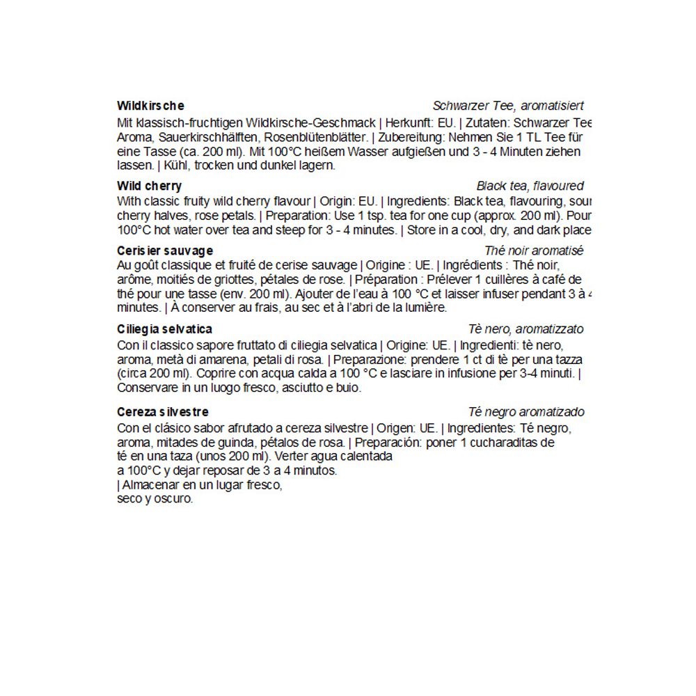 Text mit Produktinformationen zu Quertee® Wildkirsche Tee in Deutsch, Englisch, Französisch, Italienisch und Spanisch.