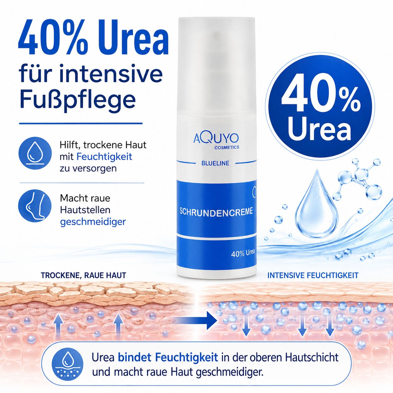 Fußcreme-Flakon mit Text: 40% Urea für intensive Fußpflege. Illustration: Hautschichten. Urea bindet Feuchtigkeit.