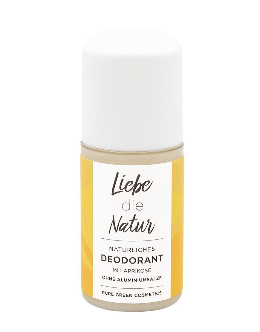 Deo-Roller mit weißem Deckel und gelbem Etikett. Aufschrift: Liebe die Natur, natürliches Deodorant mit Aprikose, ohne Aluminiumsalze.