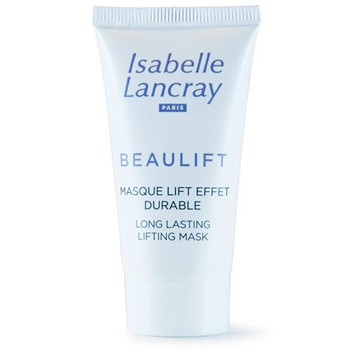 Weiße Tube mit blauer Schrift. Text: Isabelle Lancray, Paris, BEAULIFT, Masque Lift Effet Durable, Long Lasting Lifting Mask.