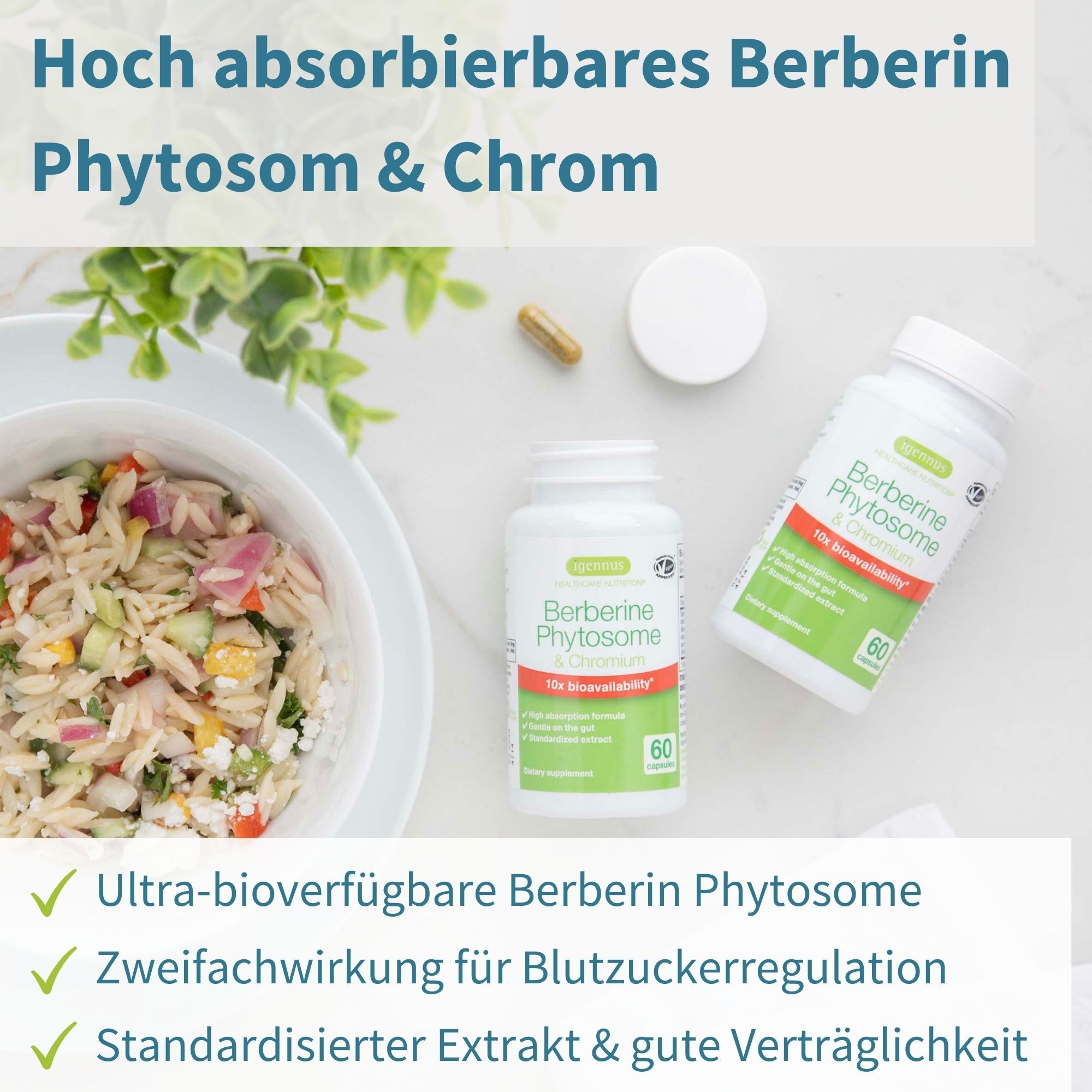Zwei Flaschen Berberin Phytosom. Eine Kapsel und eine Schüssel mit Essen. Text: Ultra-bioverfügbares Berberin Phytosom.