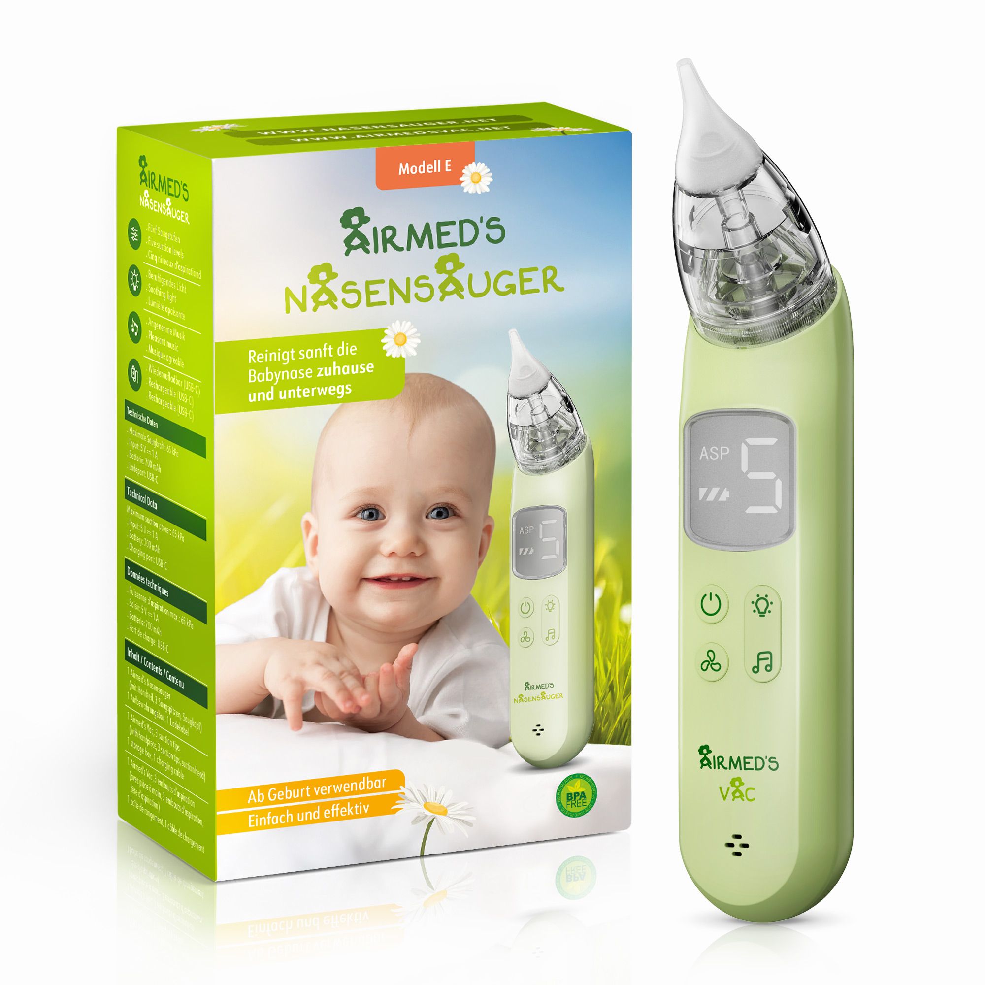 Airmed's Vac E. Elektrischer Nasensauger Baby. Sicher & sofort freie Nase 1 St Kombipackung