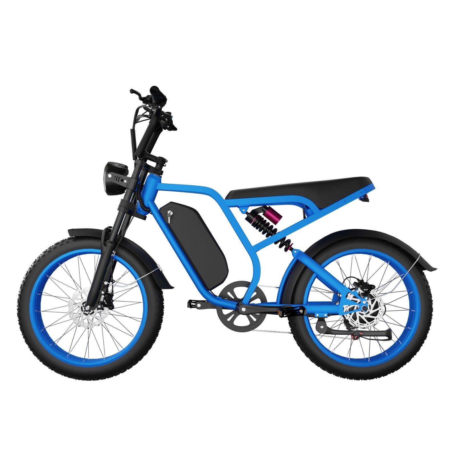 Blaues Elektro-Mountainbike mit schwarzem Sattel, Scheinwerfer und Batterie.