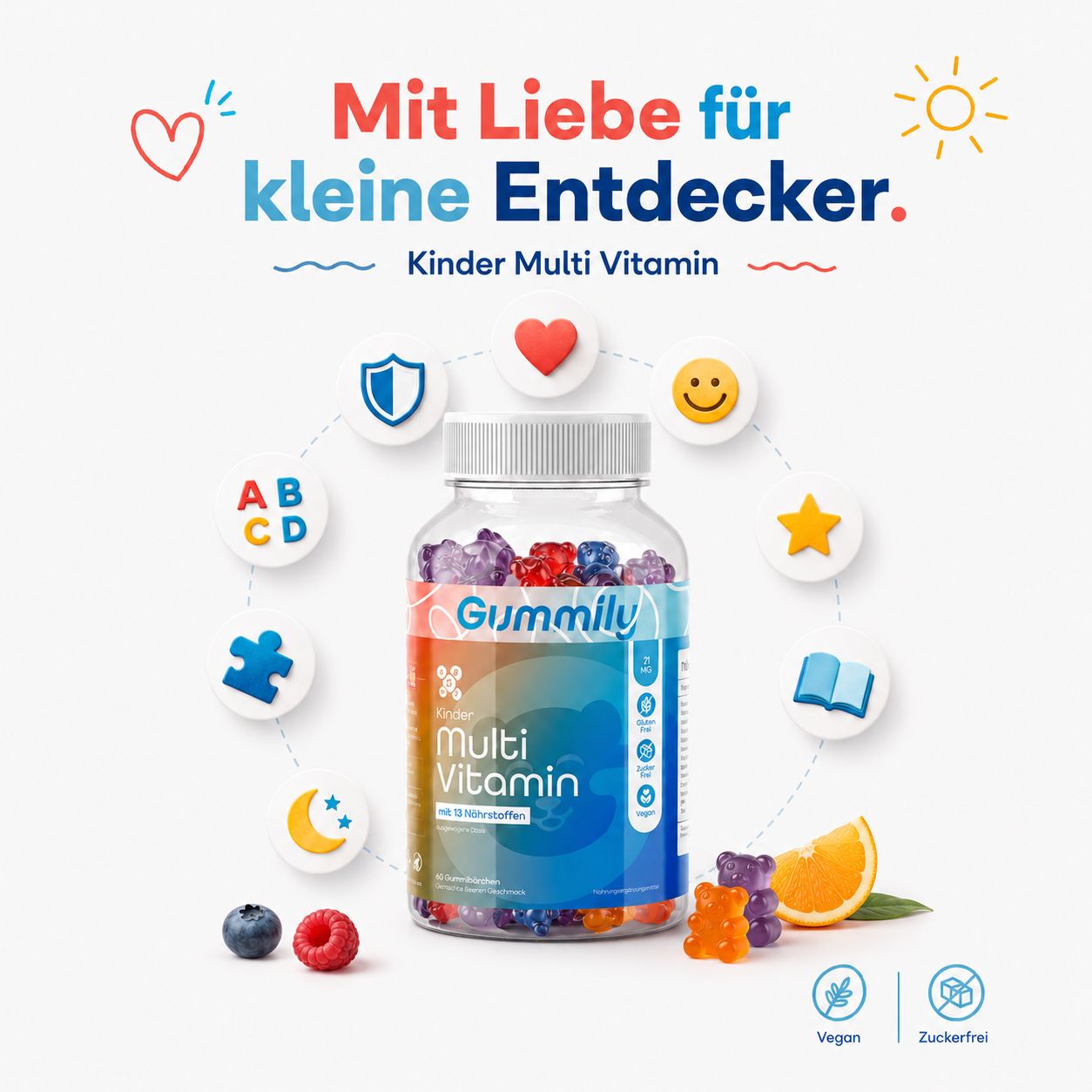 Gummily Kinder Multivitamin Flasche umgeben von Symbolen für Vitamine und Wohlbefinden.