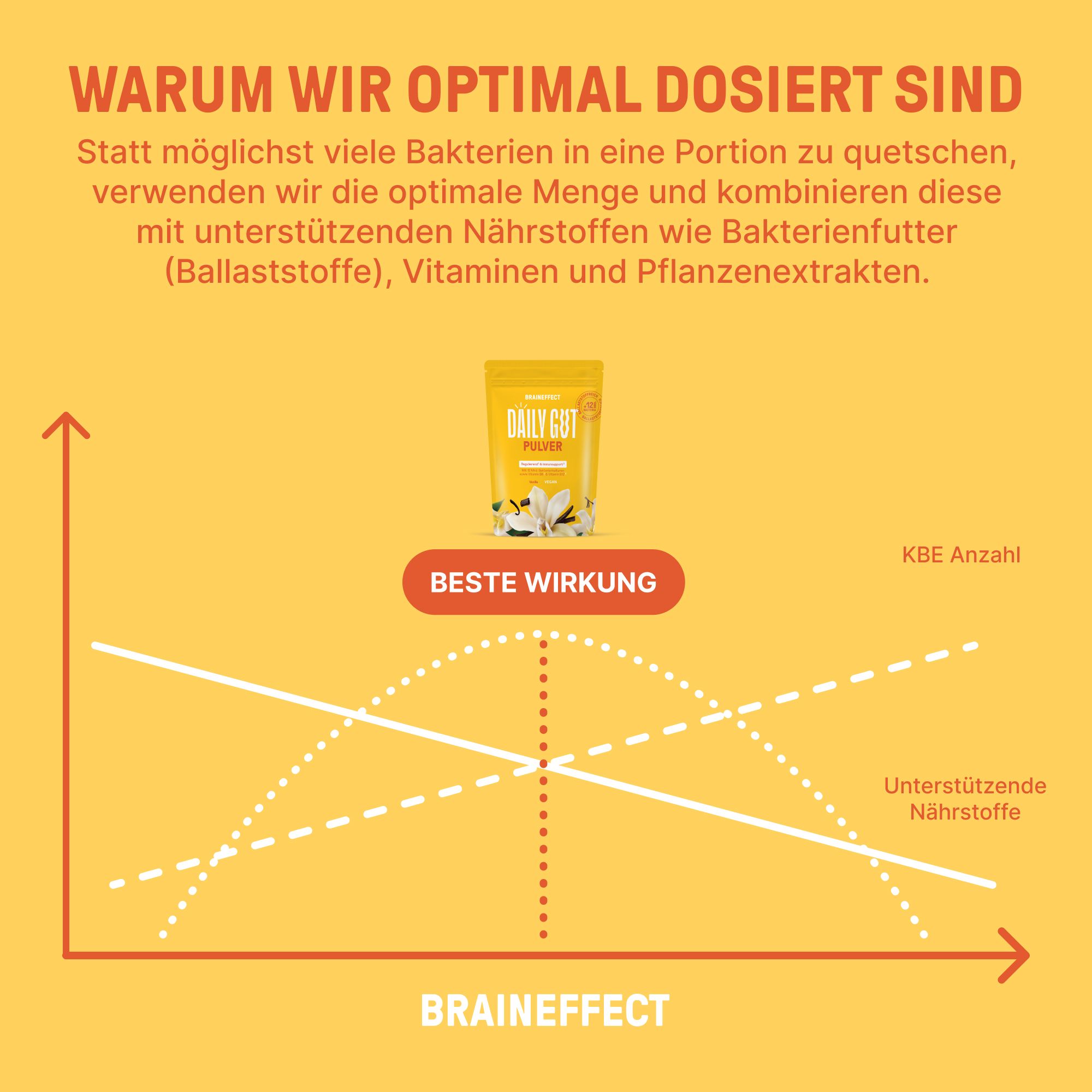 Diagramm. BRAINEFFECT Daily Gut Pulver. KBE Anzahl, unterstützende Nährstoffe. Text: Beste Wirkung.