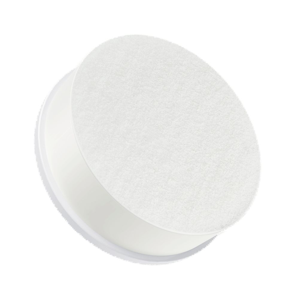 Runder, weißer Beauty-Schwamm mit weißem Kunststoffrand. Oberseite aus weichem Material.