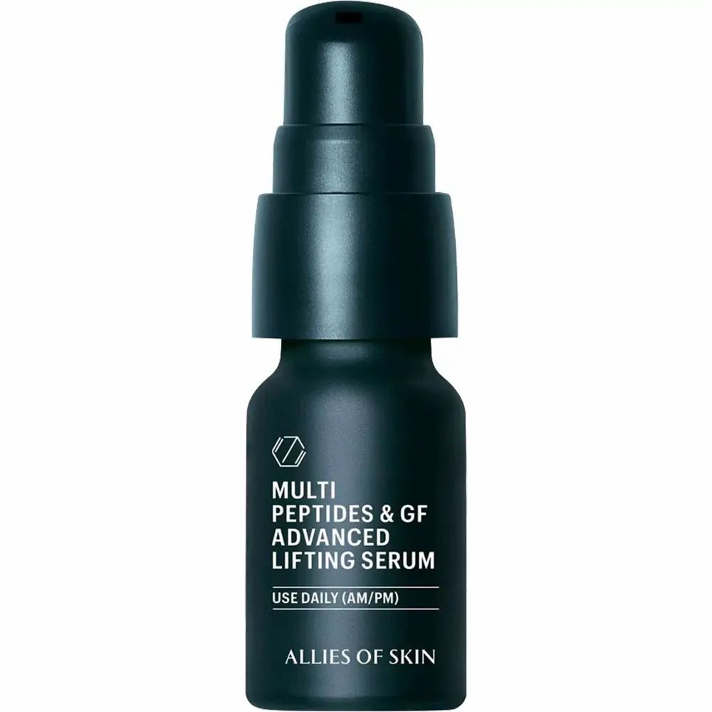 Dunkelgrüne Flasche mit Pumpe. Beschriftung: Multi Peptides & GF Advanced Lifting Serum. Marke: ALLIES OF SKIN.