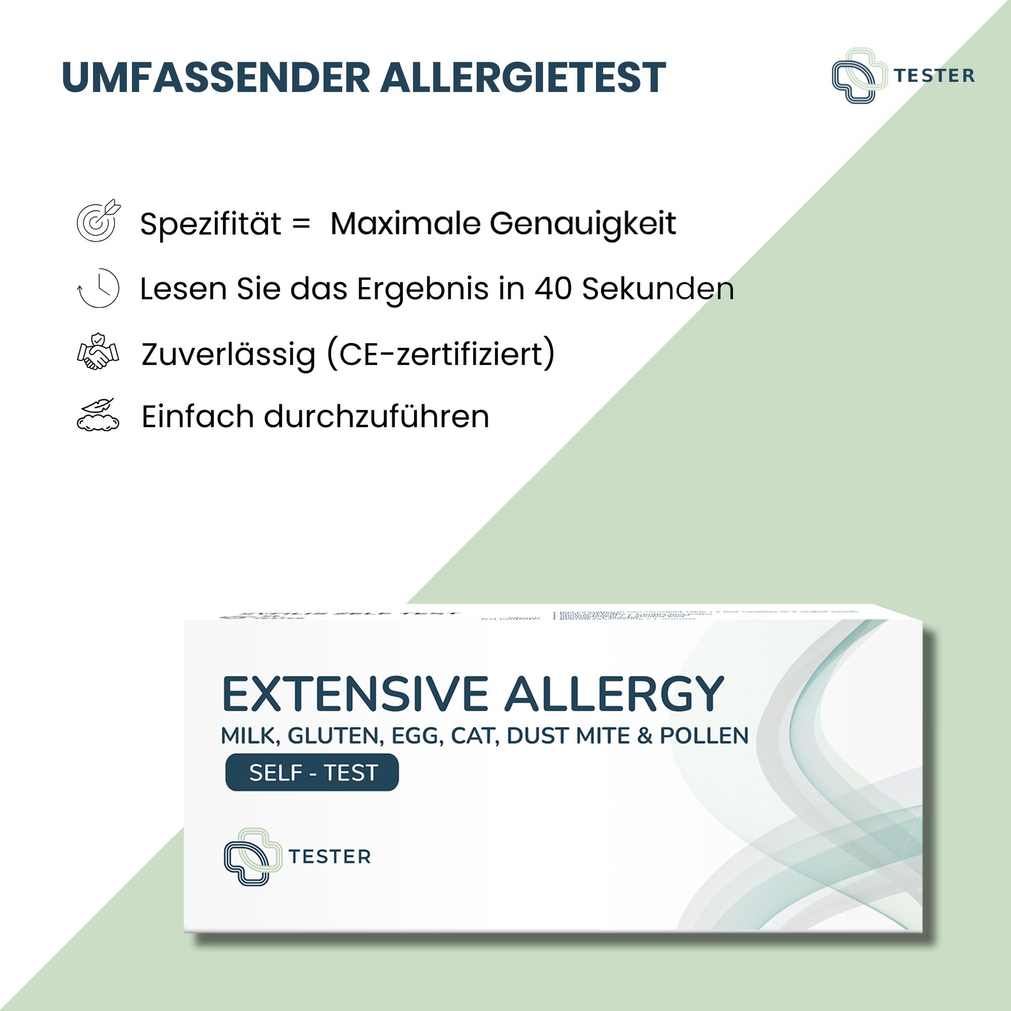 Produktverpackung mit Text: 'UMFASSENDER ALLERGIETEST'. Informationen über Spezifität, Ergebnis in 40 Sekunden, Zuverlässigkeit, einfache Durchführung.