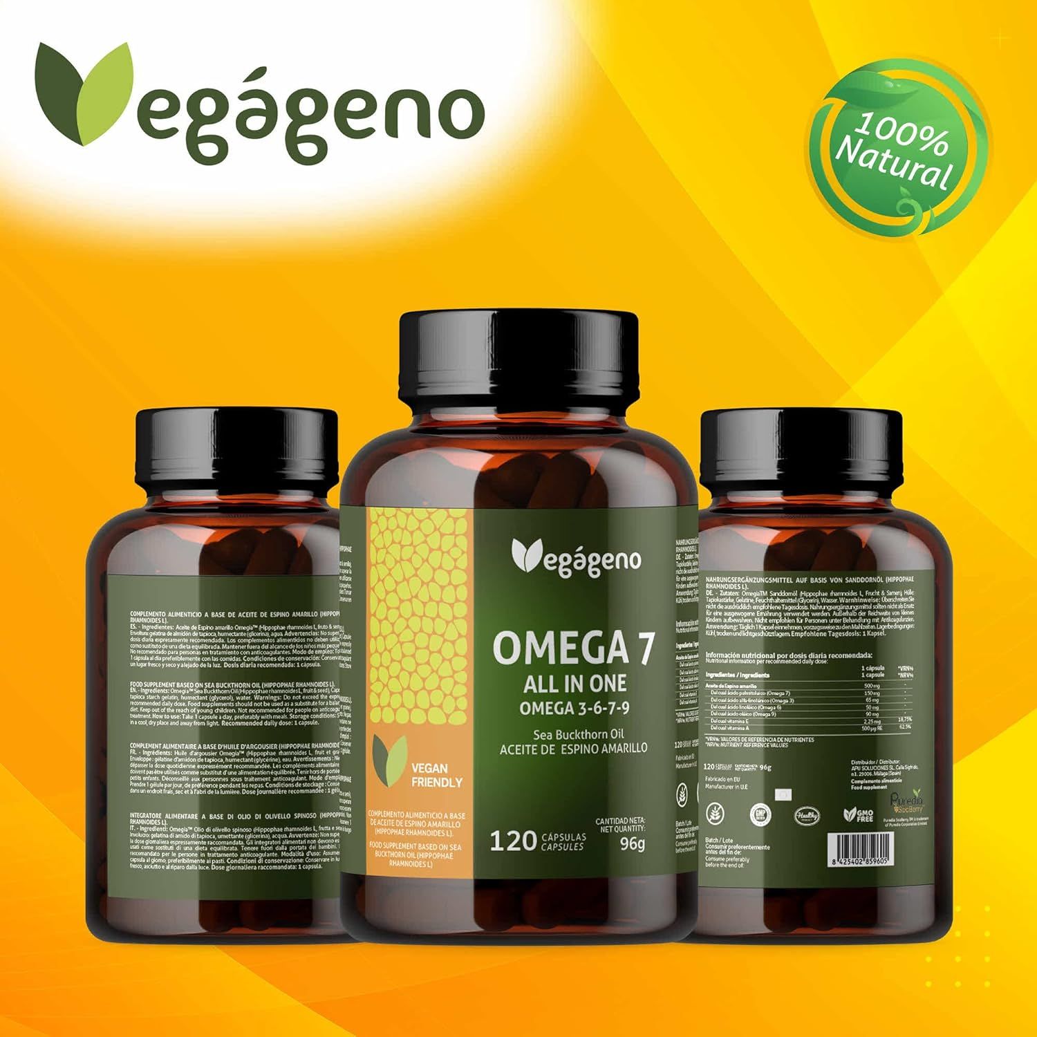 Drei Vegagenu Omega 7 Flaschen, eine davon mit Etikett '100% Natural'.