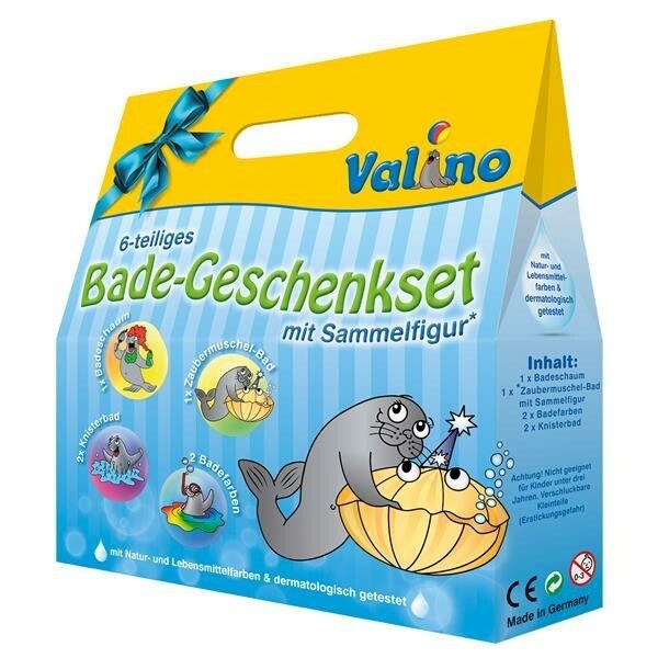 Geschenkset mit 6 Teilen. Verpackung mit blauem Band und Aufdrucken. Enthält Badeschaum, Sammelfigur und Badefarben. Dermatologisch getestet.