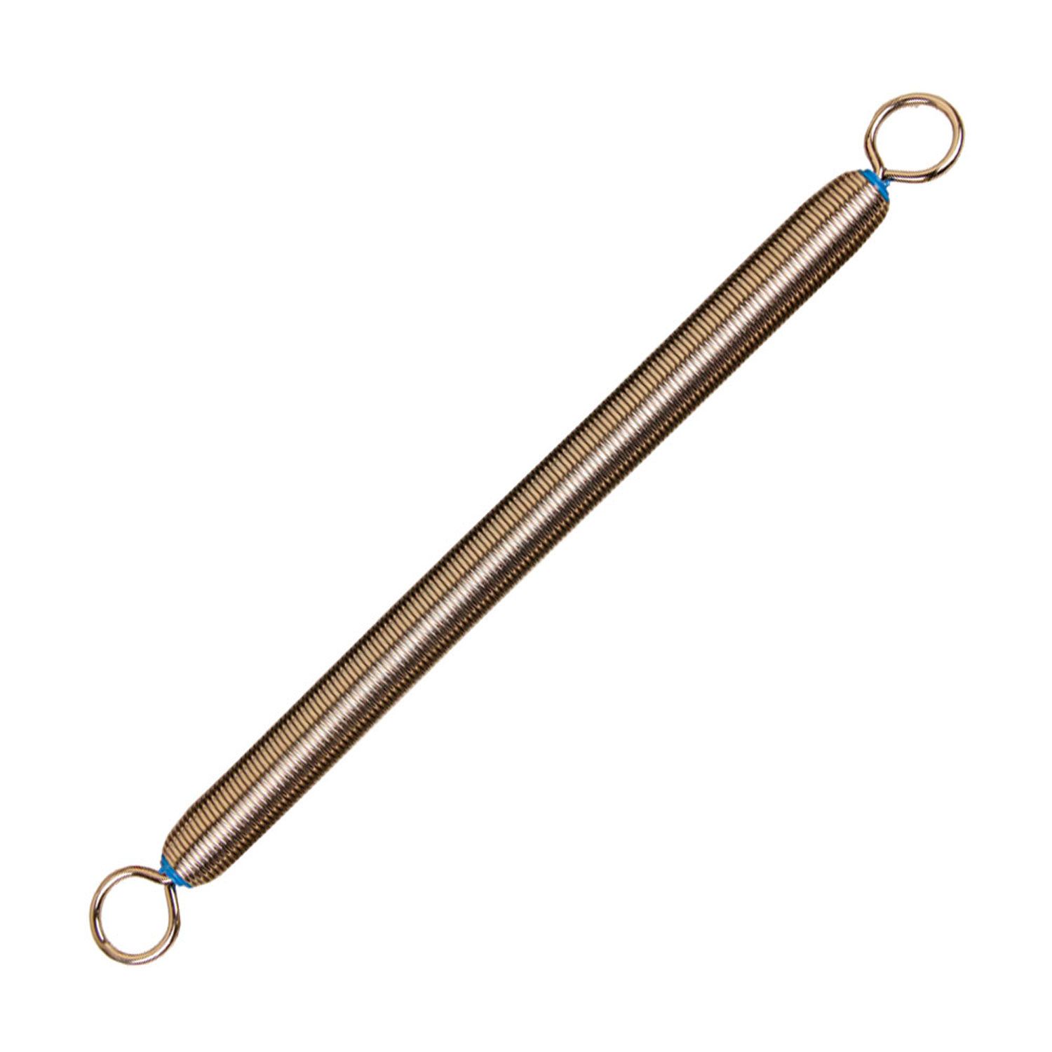 Pilates-Feder, Metall, mit Ringen an den Enden. Federfarbe: Bronze. Blaue Akzente an den Enden.