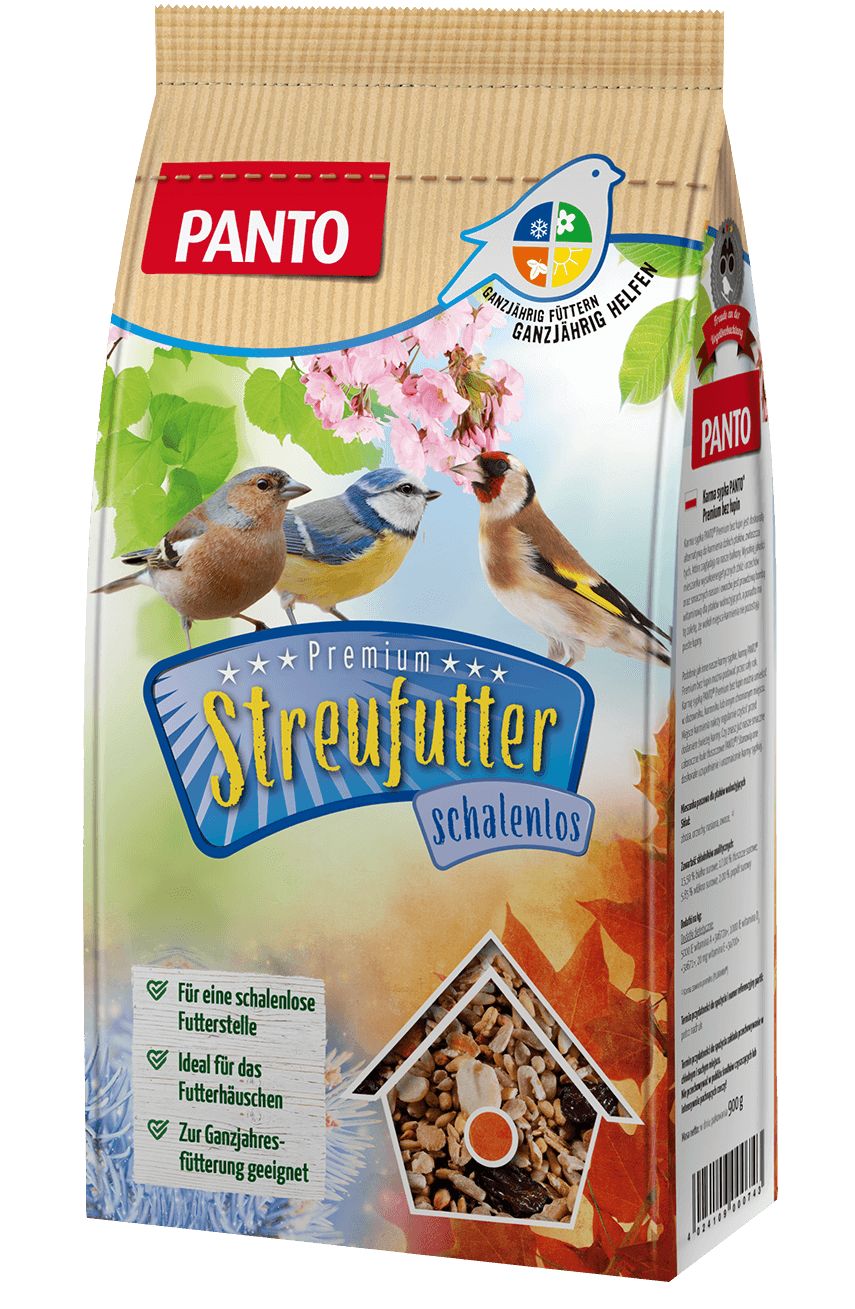 PANTO® Premium Streufutter schalenlos. Vogel-Futterpackung mit Abbildung von Vögeln. Text: Ganzjährig Füttern Helfen.