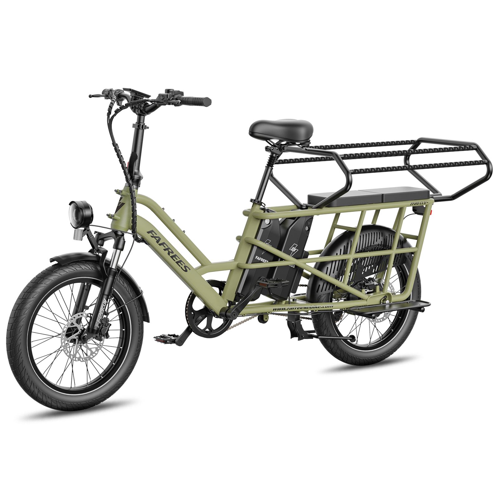 Grünes Elektro-Lastenrad mit zwei Akkus und großem Gepäckträger hinten.