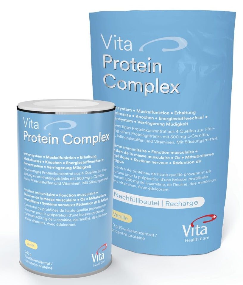 Dose und Beutel mit Produktaufdruck. Text: Vita Protein Complex, Inhaltsangaben. Farben: Hellblau, Weiß. Marke: Vita Health Care.