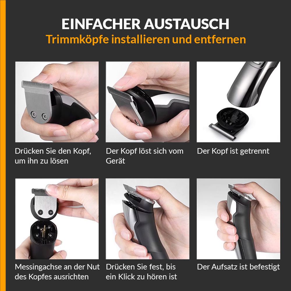 Schritte zum Wechseln der Trimmerköpfe. Kopf lösen, Gerät trennen, Aufsatz befestigen.